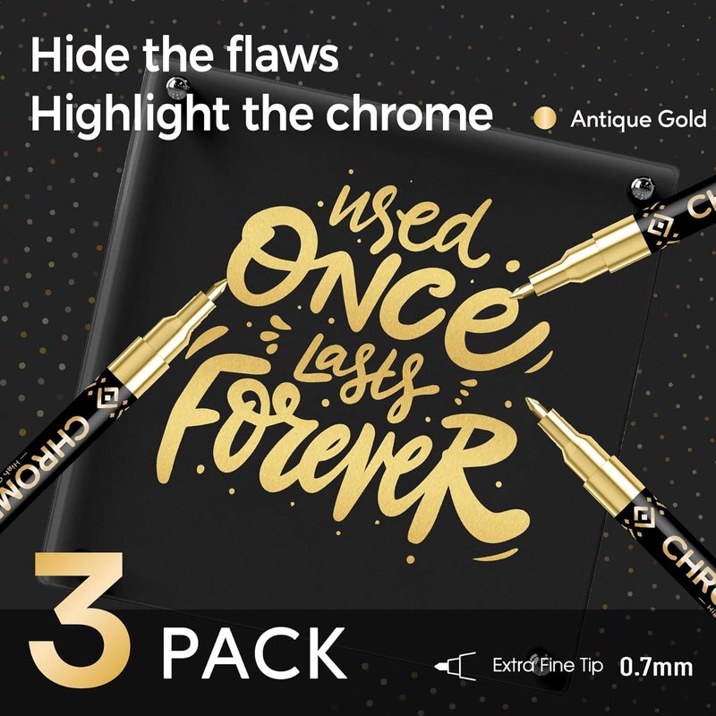 Pagather 3Pcs Chrome Paint Markers, Gold Color Permanent Mirror Liquid Chrome Pens for Plastic, Metal, Model, Jewelry, Wheel Painting, Touch Up & Repair Kit, DIY Art Projects - Image 2